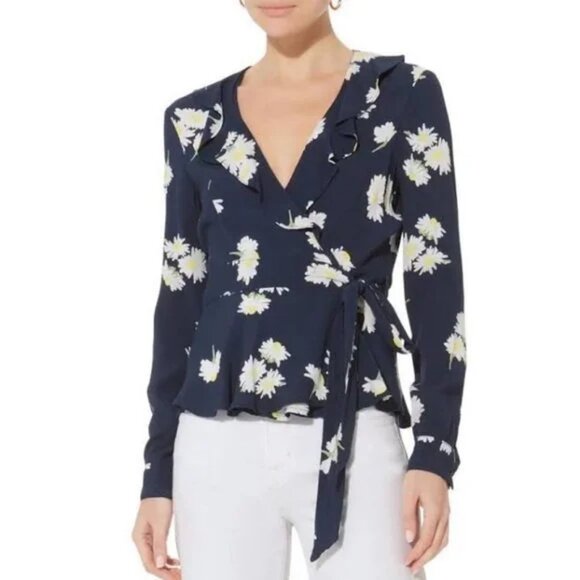 Womens Ganni Navy White Daisy V-Neck Floral Wrap Blouse Top 34 US/2 - Picture 1 of 16